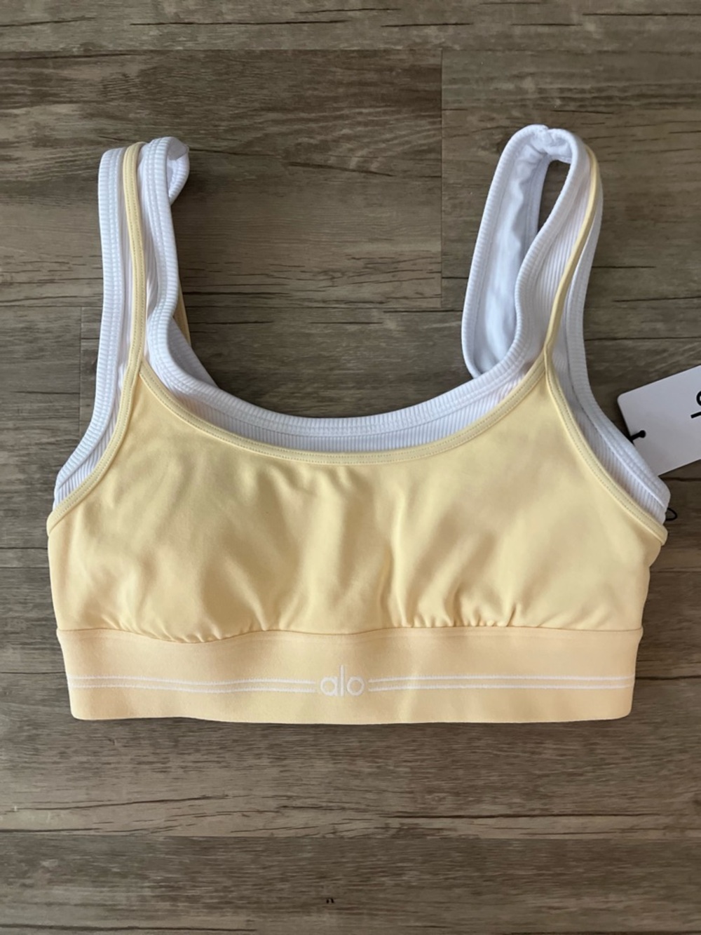 Alo Yoga Airbrush Better Together Bra in Candlelight Yellow/White